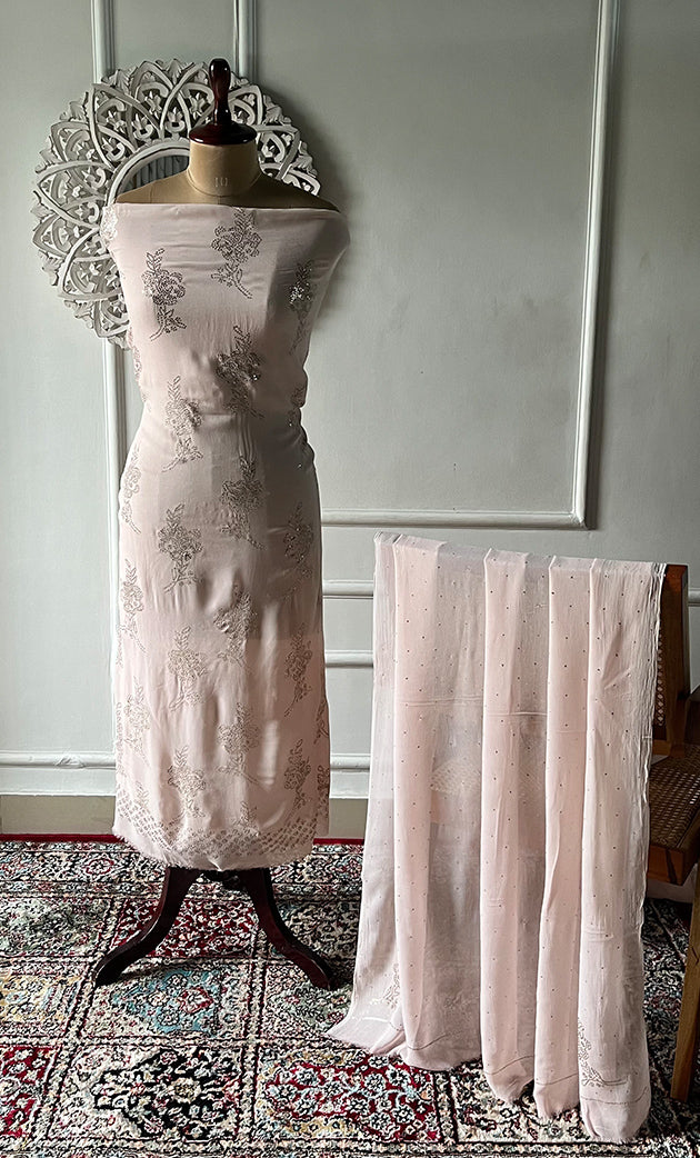 Women's Lucknowi Handcrafted Viscose Georgette Unstitched Chikankari Suit Material - HONC0336840