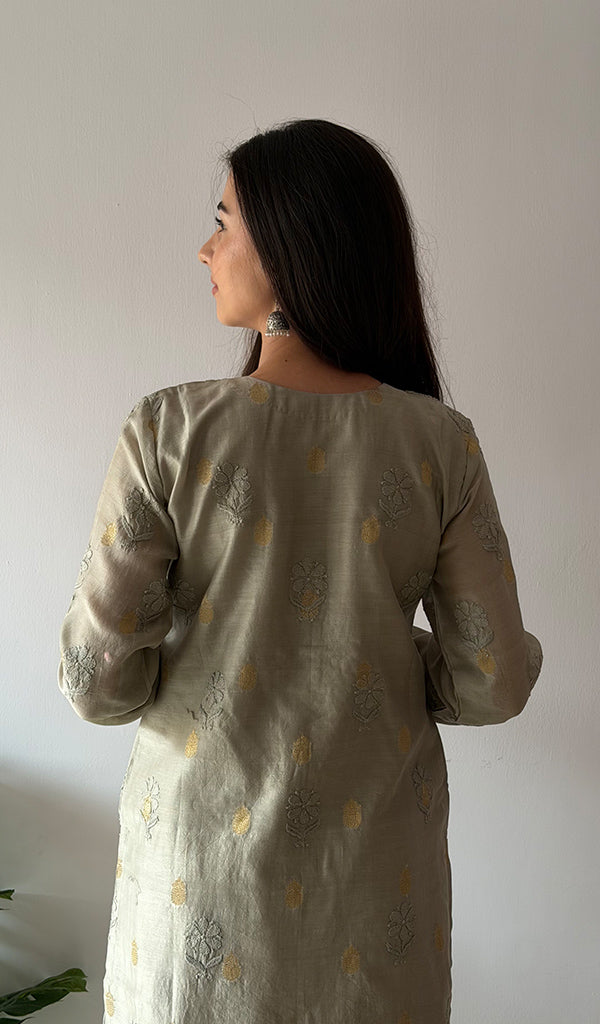 Women's Lucknowi Handcrafted Chanderi Silk Chikankari Kurti - HONC0354864