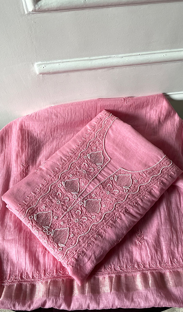 Women's Lakhnavi Handcrafted Mul Chanderi Unstitched Chikankari Full Suit Material - HONC0314660