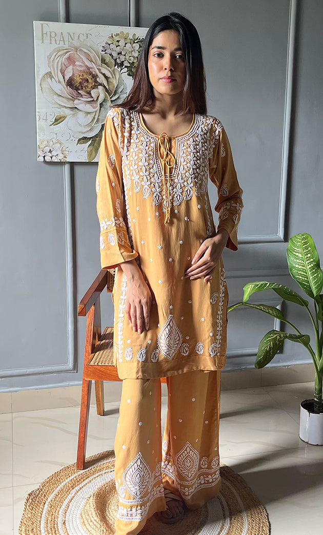 Women's Lakhnavi Handcrafted Modal Cotton Chikankari Kurta And Pant Set - HONC0300584