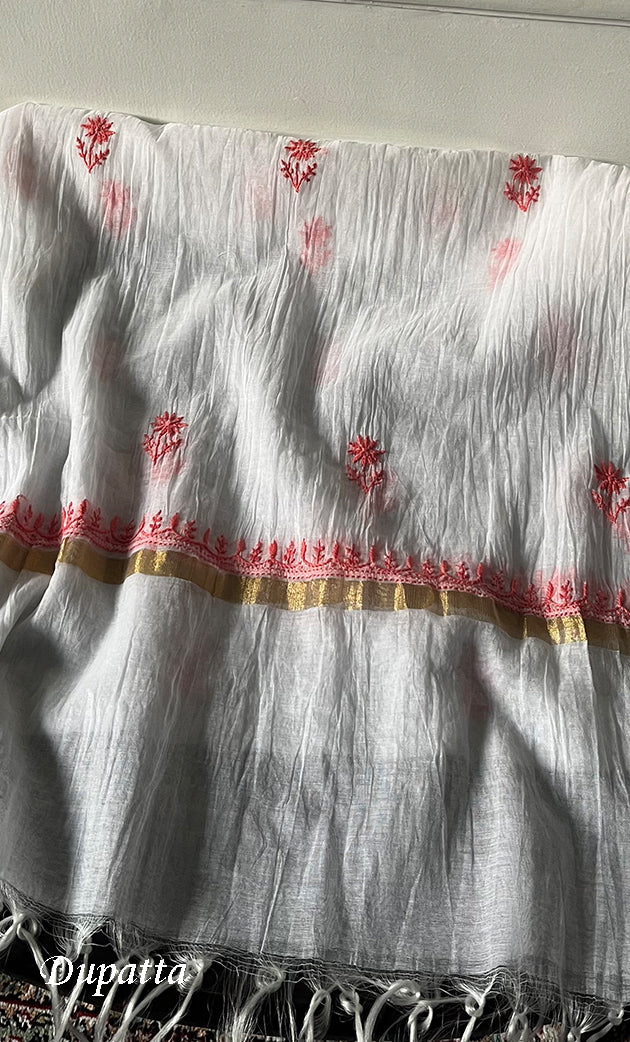 Women's Lakhnavi Handcrafted Mul Chanderi Unstitched Chikankari Kurta And Dupatta Set - HONC0321900