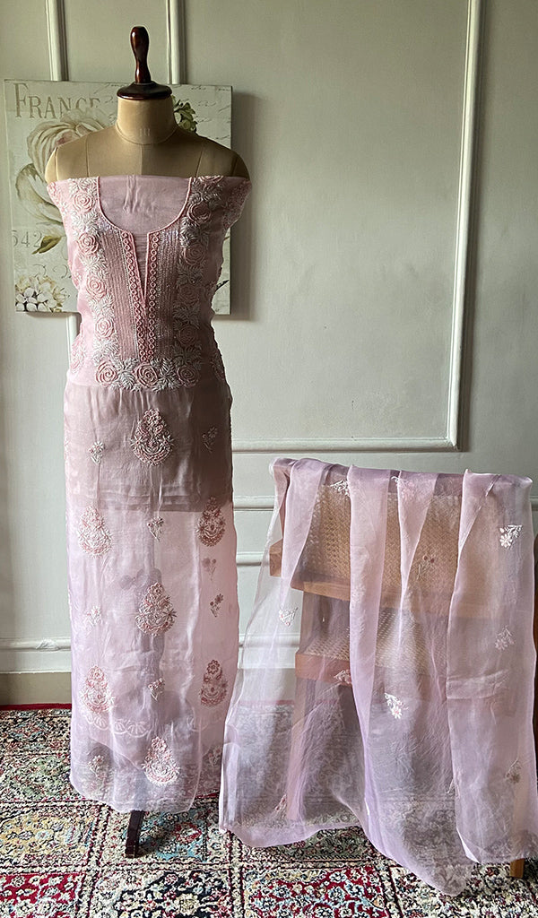 Women's Lakhnavi Handcrafted Pure Organza Chikankari Unstitched Kurta And Dupatta Set- HONC0342714