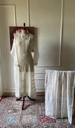 Load image into Gallery viewer, Saziya Women's Lakhnavi Handcrafted Mul Chanderi Semi - Stitched Kurta And Dupatta Set - HONC0368707