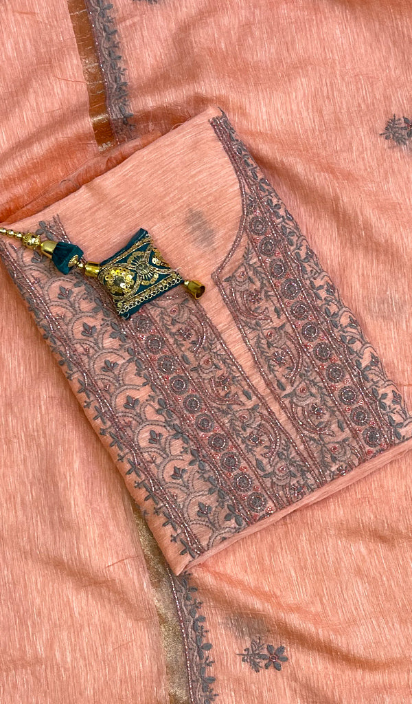 Women's Lakhnavi Handcrafted Chanderi Silk Chikankari Full Suit Material - HONC0127259