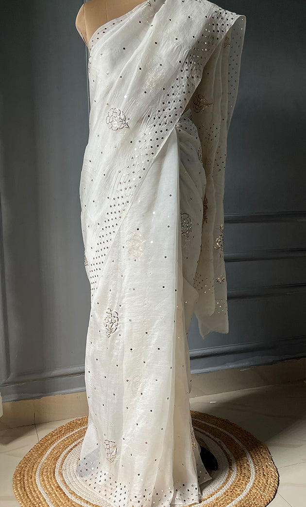 Women's Lucknowi Handcrafted Pure Organza Silk Chikankari Saree - HONC0307475