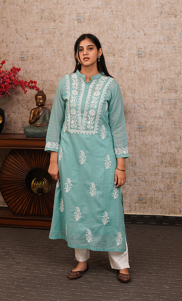 Women's Lakhnavi Handcrafted Kota Cotton Chikankari Kurti - HONC0306029