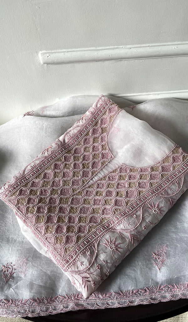 Women's Lakhnavi Handcrafted Pure Organza Chikankari Unstitched Kurta And Dupatta Set- HONC0316458