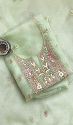 Women's Lakhnavi Handcrafted Pure Organza Chikankari Unstitched Kurta And Dupatta Set- HONC0213073