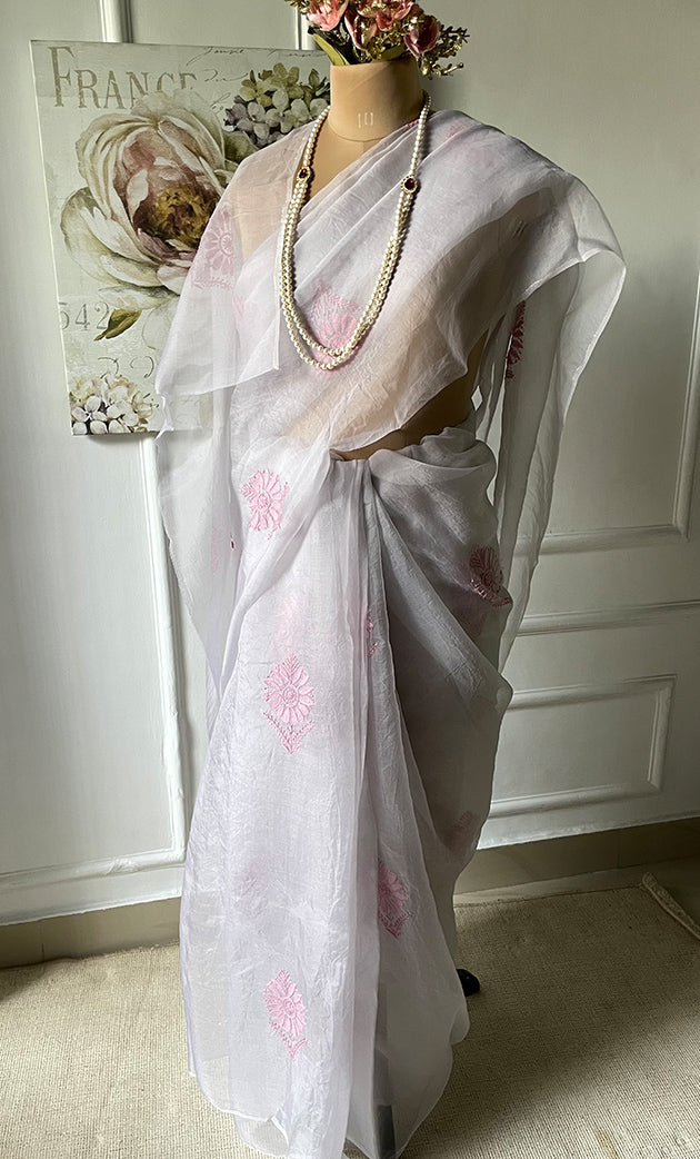 Women's Lucknowi Handcrafted Pure Organza Silk Chikankari Saree - HONC0294653