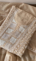 Beige Pure Mul Chanderi Chikankari 3 Pc Semi-Stitched Anarkali Suit Set