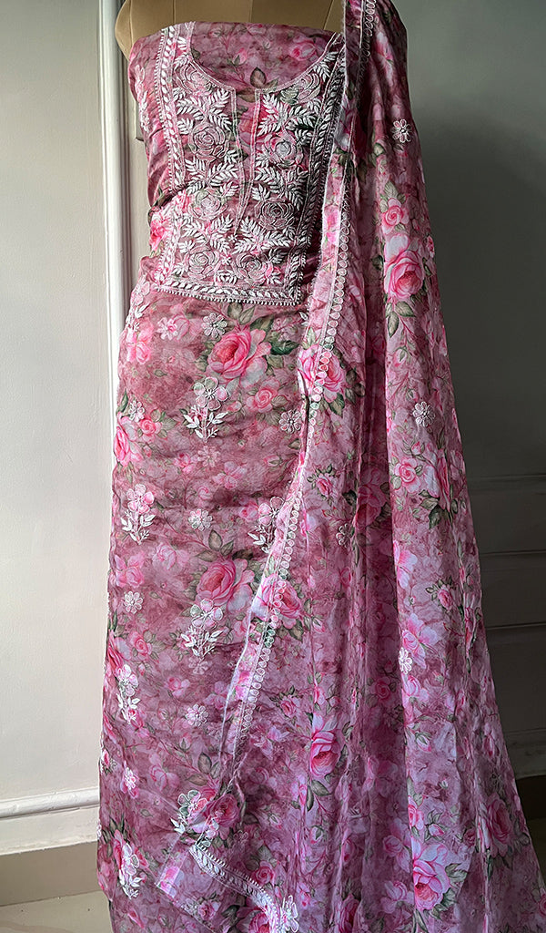 Women's Lakhnavi Handcrafted Organza Chikankari Unstitched Kurta And Dupatta Set - HONC0268887