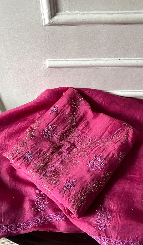 Women's Lakhnavi Handcrafted Pure Organza Chikankari Unstitched Kurta And Dupatta Set- HONC0304142