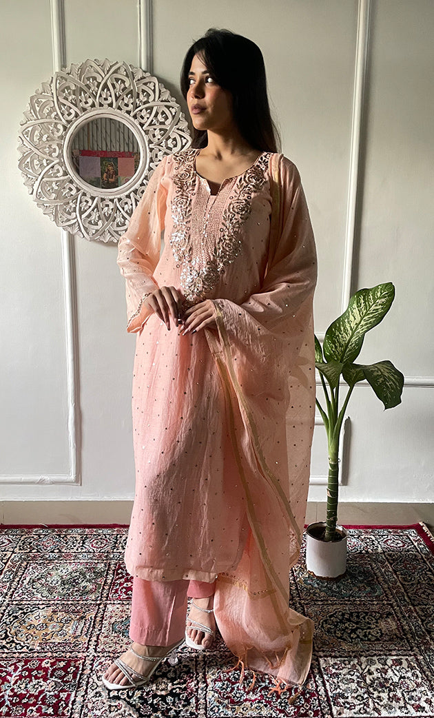 Women's Lakhnavi Handcrafted Mul Chanderi Chikankari Stitched Kurta, Dupatta And Pant Set - HONC03224190