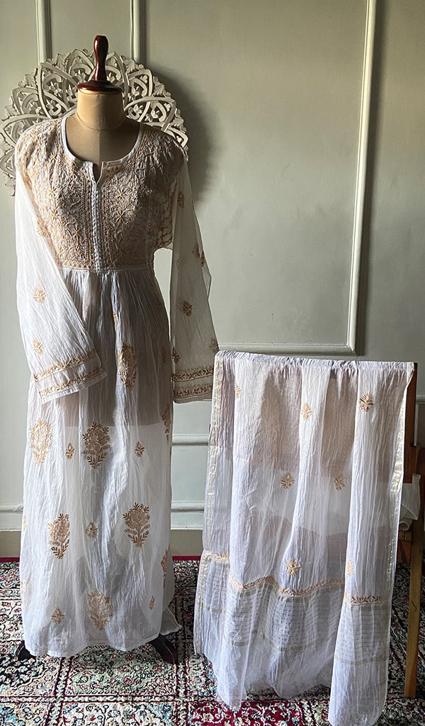 Women's Lakhnavi Handcrafted Mul Chanderi Semi - Stitched Kurta And Dupatta Set - HONC0303401