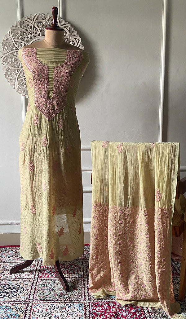 Women's Lakhnavi Handcrafted Mul Chanderi Unstitched Kurta And Dupatta Set - HONC0320356