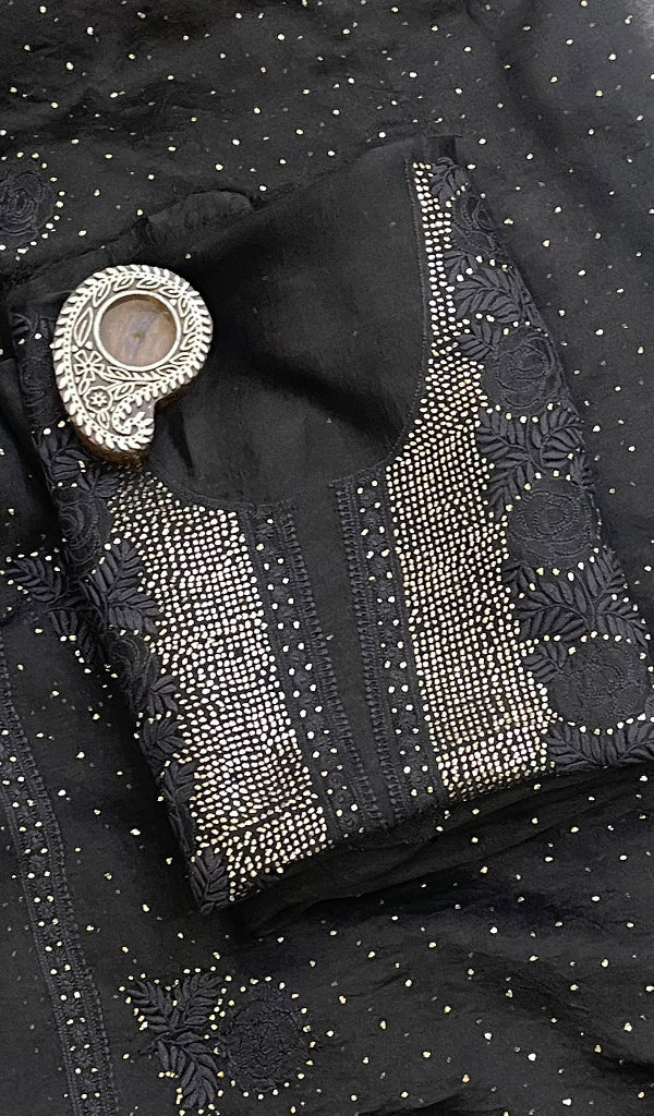 Black Women's Lakhnavi Handcrafted Pure Organza Chikankari Unstitched Kurta And Dupatta Set