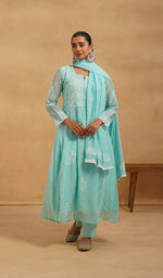 Load image into Gallery viewer, Women's Lakhnavi Handcrafted Mul Chanderi Chikankari Stitched Kurta, Dupatta And Pant Set - HONC0824547