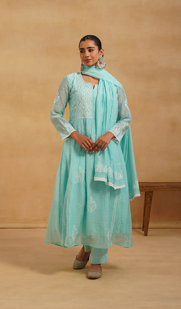Women's Lakhnavi Handcrafted Mul Chanderi Chikankari Stitched Kurta, Dupatta And Pant Set - HONC0824547