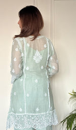 Women's Lucknowi Handcrafted Mul Chanderi Stitched Chikankari Short Kurta And Plazzo Set .