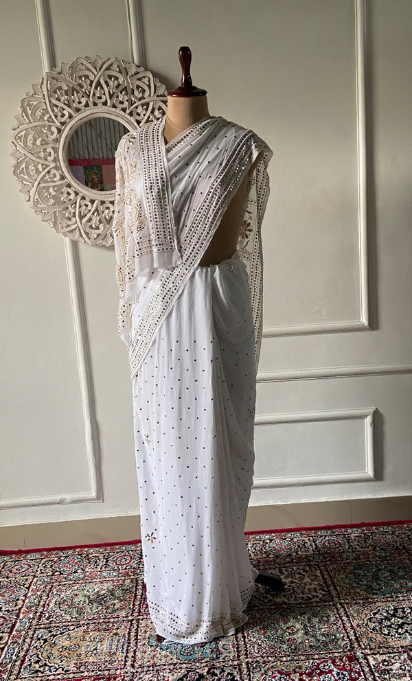 Women's Lakhnavi Handcrafted Viscose Georgette Chikankari Saree - HONC0328912