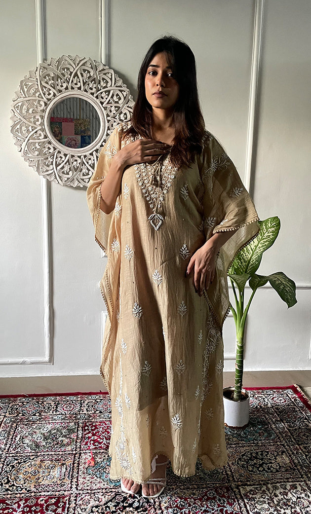 Women's Lucknowi Handcrafted Mul chanderi Chikankari Kaftan - HONC0121803