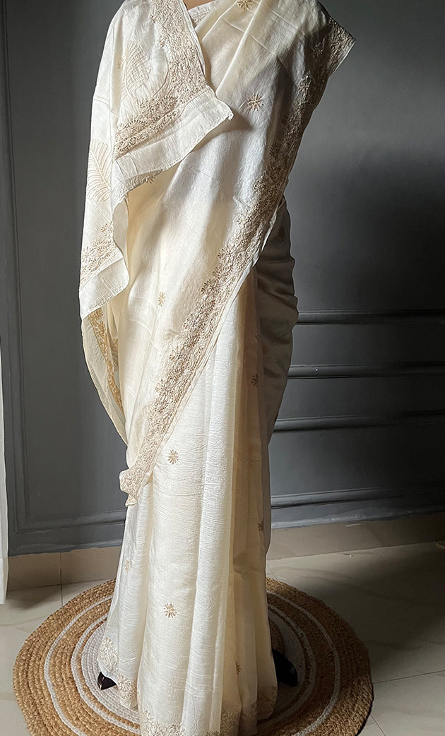 Women's Lakhnavi Handcrafted Tussar Silk Chikankari Saree - HONC0284164