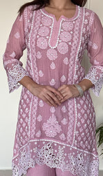 Women's Lucknowi Handcrafted Mul Chanderi Stitched Chikankari Short Kurta And Plazzo Set .