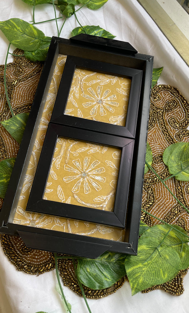 Handcrafted Chikankari Tray with Two Coasters – Wooden Frame - HONC0230903
