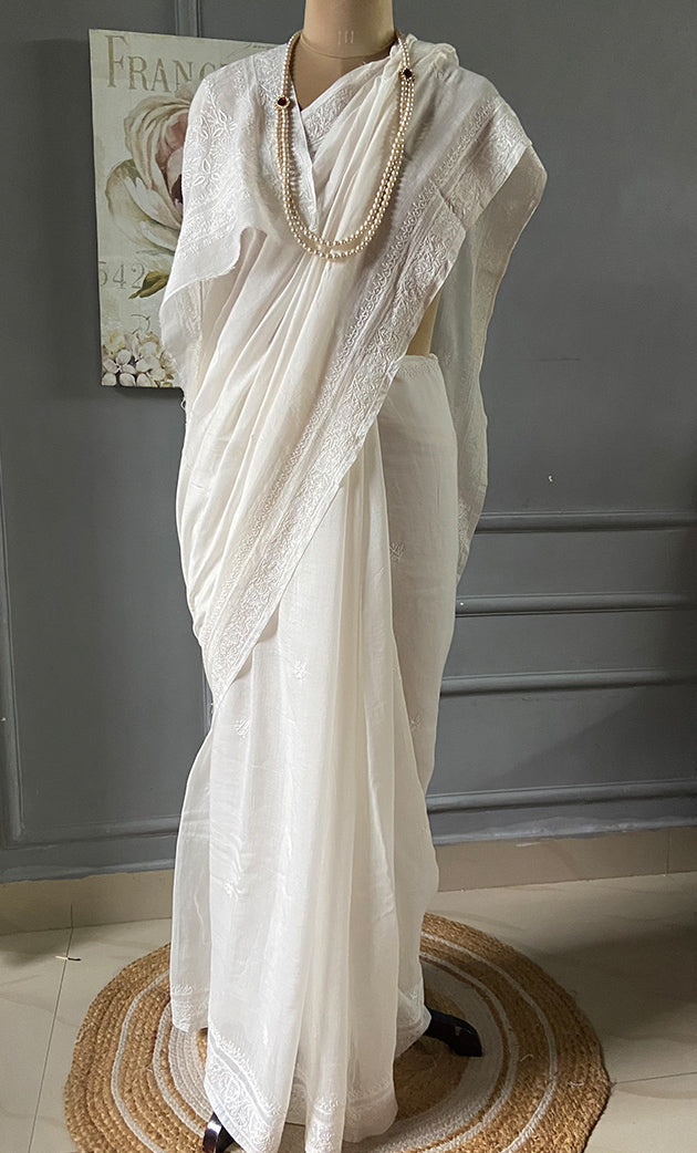 Women's Lakhnavi Handcrafted Mul Chanderi Chikankari Saree - HONC0301810