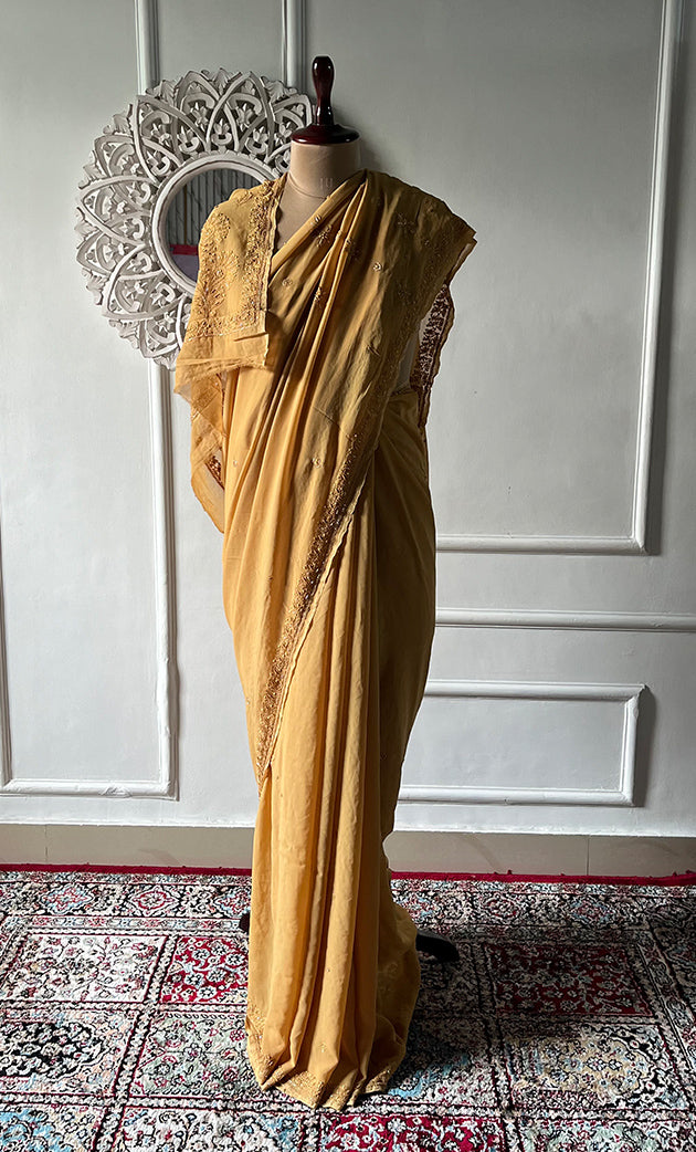 Women's Lakhnavi Handcrafted Viscose Georgette Chikankari Saree - HONC0329025