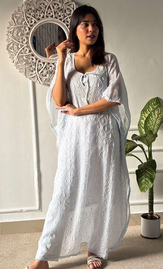 Rabia Women's Lucknowi Handcrafted Mul chanderi Chikankari Kaftan - HONC0326231