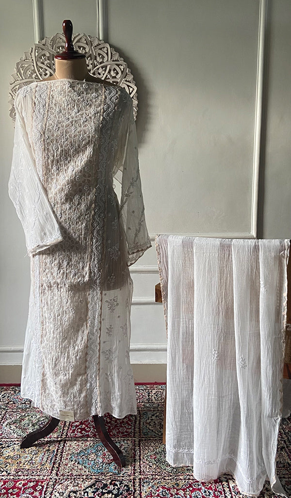 Women's Lakhnavi Handcrafted Mul Chanderi Semi - stitched Kurta And Dupatta Set - HONC0339035