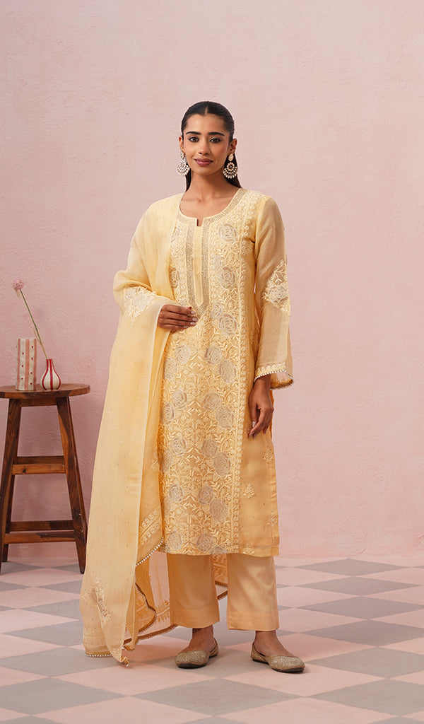 Women's Lucknowi Handcrafted Pure Organza Silk Stitched Chikankari Kurta, Dupatta With Pant Set- HONC04464644