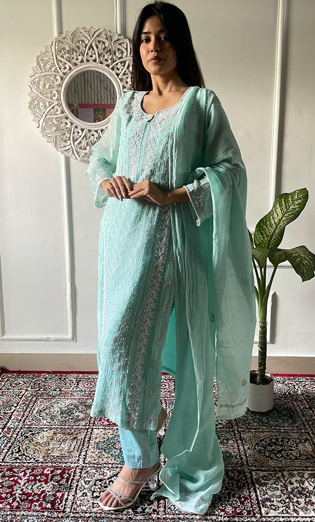Saziya Women's Lakhnavi Handcrafted Mul Chanderi Chikankari Stitched Kurta, Dupatta And Pant Set - HONC0322167