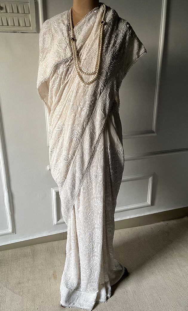 Women's Lakhnavi Handcrafted Pure Silk Georgette Chikankari Saree - HONC0297642
