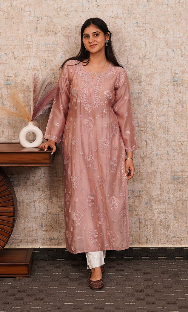 Sufi Women's Lucknowi Handcrafted Chanderi Silk Chikankari Kurti - HONC0310297
