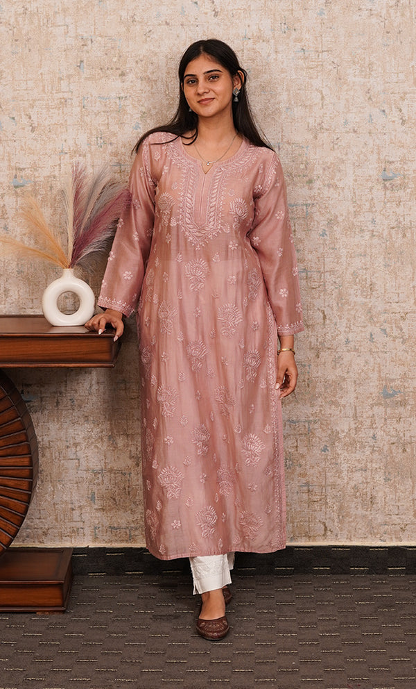 Sufi Women's Lucknowi Handcrafted Chanderi Silk Chikankari Kurti - HONC0310297