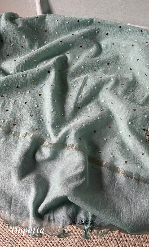 Women's Lakhnavi Handcrafted Mul Chanderi Unstitched Chikankari Full Suit Material - HONC0320708