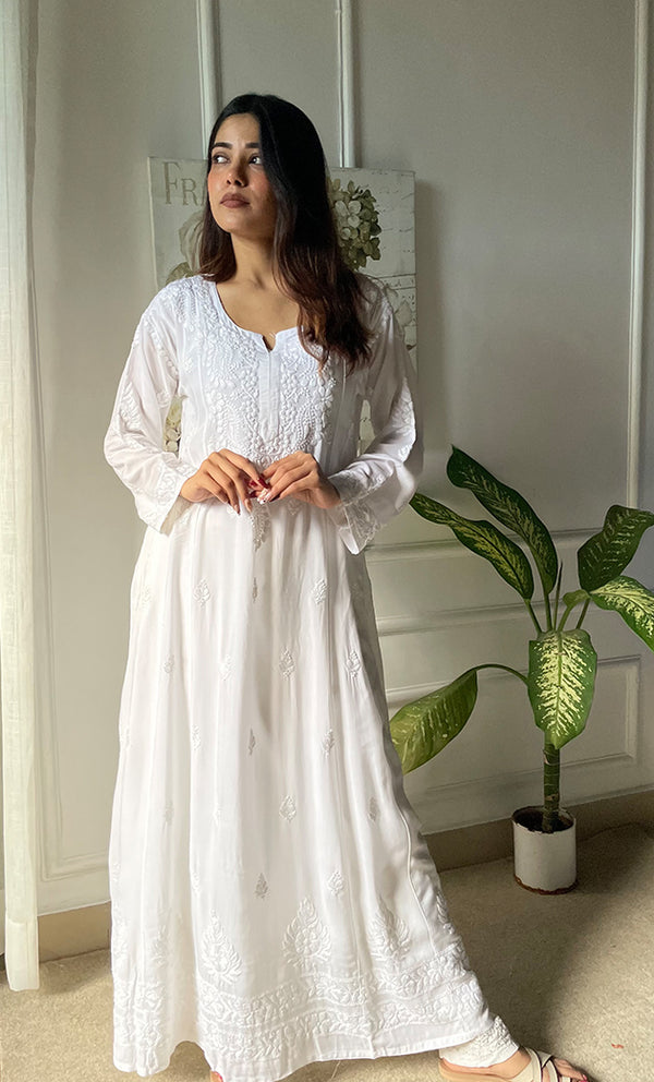Aarvi Women's Lucknowi Handcrafted Modal Cotton Chikankari Anarkali Dress - HONC0303892