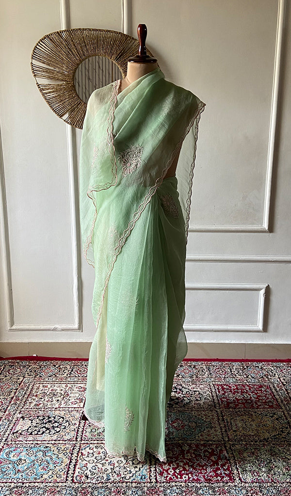 Women's Lucknowi Handcrafted Pure Organza Silk Chikankari Saree - HONC0356072