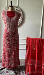 Load image into Gallery viewer, Women's Lakhnavi Handcrafted Maheshwari Mul Chanderi Unstitched Kurta And Dupatta Set - HONC0330509