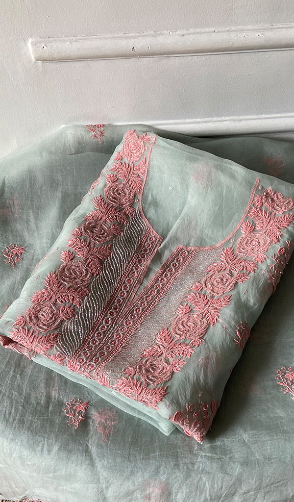 Women's Lakhnavi Handcrafted Pure Organza Chikankari Unstitched Kurta And Dupatta Set- HONC0361455