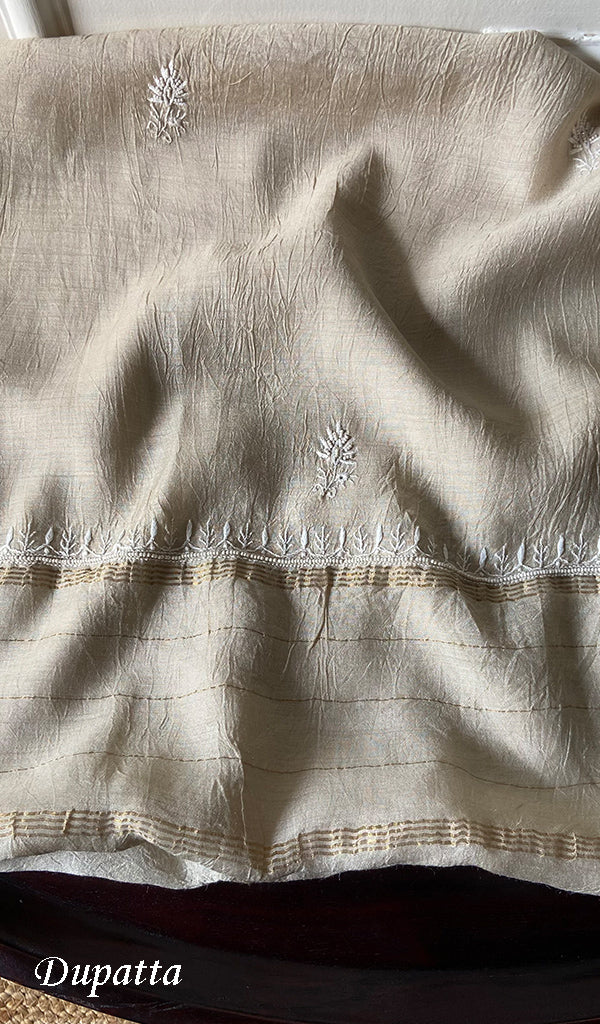 Women's Lakhnavi Handcrafted Munga Silk Chikankari Kurta And Dupatta Set- HONC0273584