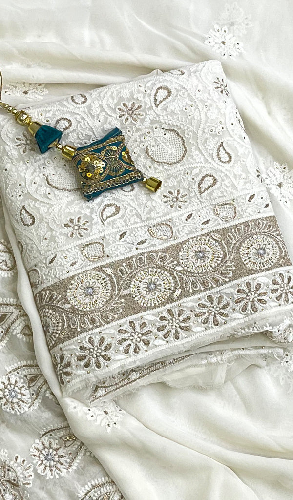 Women's Lakhnavi Handcrafted Pure Silk Georgette Chikankari Kurta And Dupatta Set- N26969