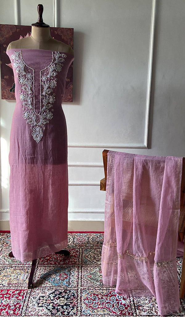 Women's Lakhnavi Handcrafted Mul Chanderi Unstitched Chikankari Full Suit Material - HONC0324546