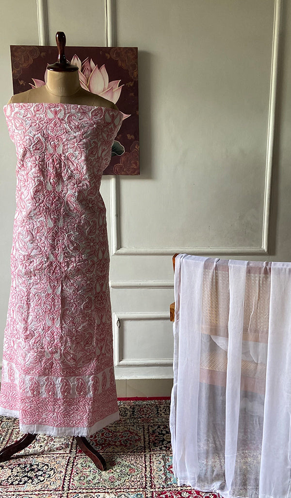 Women's Lakhnavi Handcrafted Cotton Unstitched Chikankari Suit Material - HONC0354984