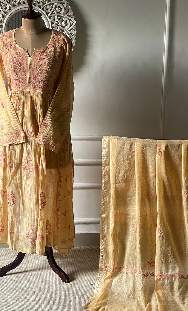 Women's Lakhnavi Handcrafted Mul Chanderi Semi-Stitched Kurta And Dupatta Set - HONC0284708