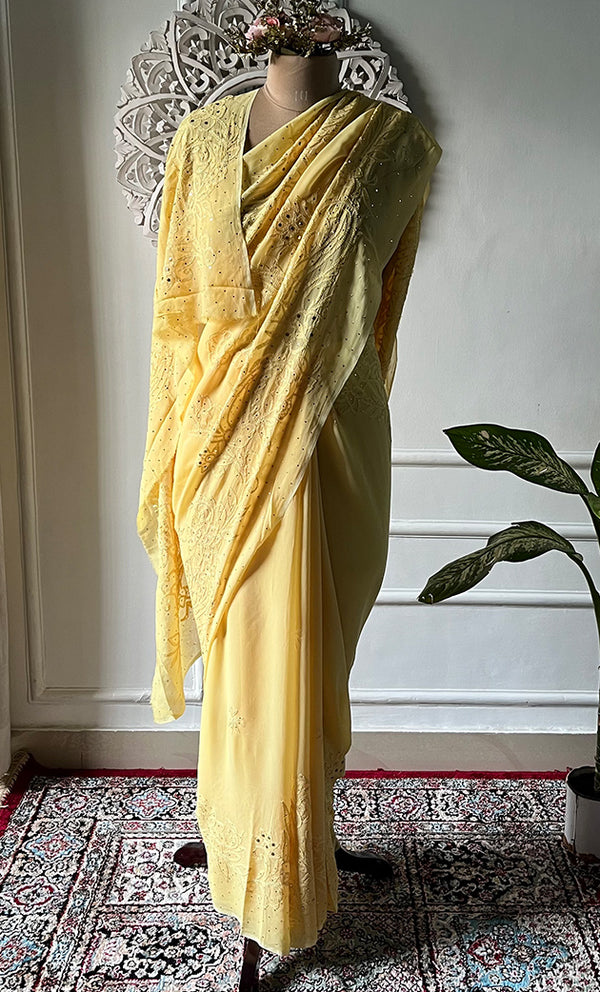 Women's Lakhnavi Handcrafted Viscose Georgette Chikankari Saree - HONC0317908
