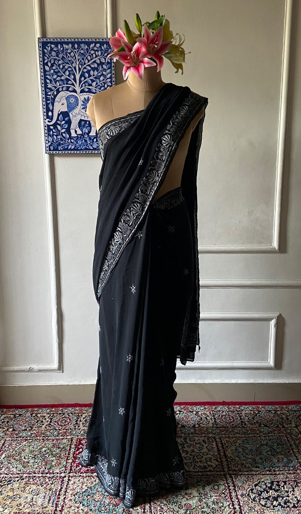 Women's Lakhnavi Handcrafted Pure Silk Georgette Chikankari Saree - HONC0274172