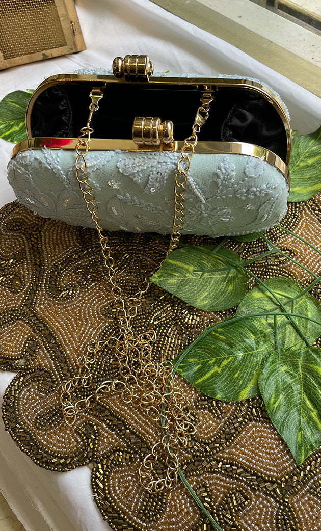 Sky Blue Handcrafted Chikankari Clutch with Golden Chain - HONC0232412